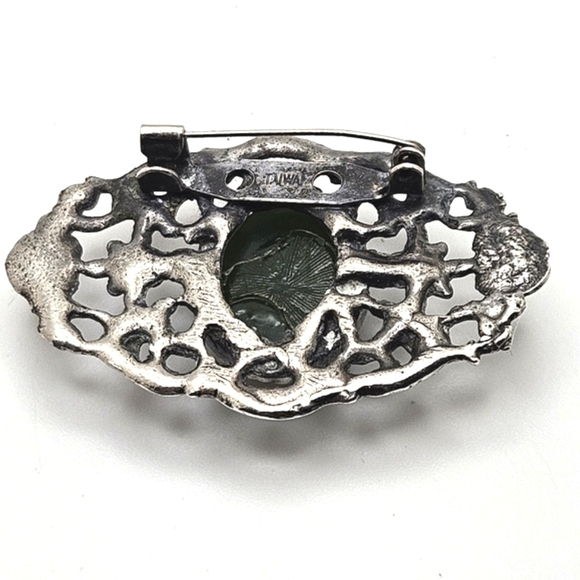 🟢3/$19🟢 Vintage Antique Made in TAIWAN Silver Jade Rhinestone Brooch - Picture 4 of 6